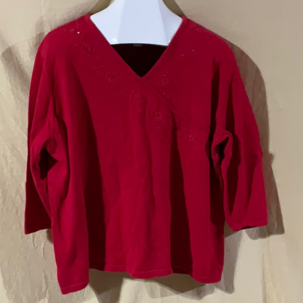 CJ Banks Size 3X Embellished and Embroidered Red Sweater with 3/4 Sleeve